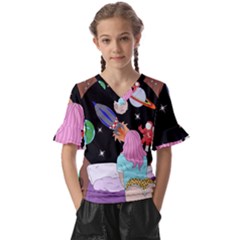 Girl Bed Space Planets Spaceship Rocket Astronaut Galaxy Universe Cosmos Woman Dream Imagination Bed Kids  V-neck Horn Sleeve Blouse