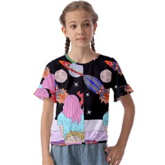 Girl Bed Space Planets Spaceship Rocket Astronaut Galaxy Universe Cosmos Woman Dream Imagination Bed Kids  Cuff Sleeve Scrunch Bottom T-shirt