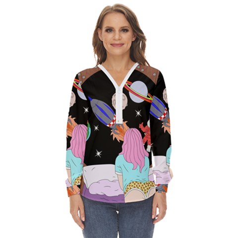 Girl Bed Space Planets Spaceship Rocket Astronaut Galaxy Universe Cosmos Woman Dream Imagination Bed Zip Up Long Sleeve Blouse by Maspions