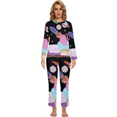 Girl Bed Space Planets Spaceship Rocket Astronaut Galaxy Universe Cosmos Woman Dream Imagination Bed Womens  Long Sleeve Lightweight Pajamas Set by Maspions