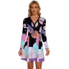 Girl Bed Space Planets Spaceship Rocket Astronaut Galaxy Universe Cosmos Woman Dream Imagination Bed Long Sleeve Deep V Mini Dress  by Maspions