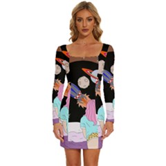 Girl Bed Space Planets Spaceship Rocket Astronaut Galaxy Universe Cosmos Woman Dream Imagination Bed Long Sleeve Square Neck Bodycon Velvet Dress