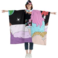 Girl Bed Space Planets Spaceship Rocket Astronaut Galaxy Universe Cosmos Woman Dream Imagination Bed Women s Hooded Rain Ponchos