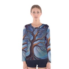 Tree Branches Mystical Moon Expressionist Oil Painting Acrylic Painting Abstract Nature Moonlight Ni Women s Long Sleeve T-shirt