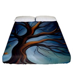 Tree Branches Mystical Moon Expressionist Oil Painting Acrylic Painting Abstract Nature Moonlight Ni Fitted Sheet (queen Size)