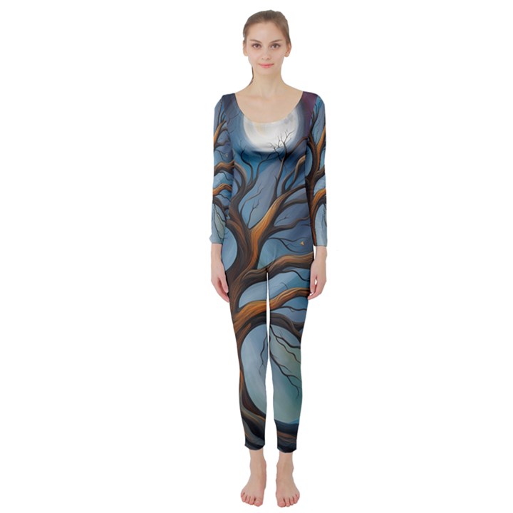 Tree Branches Mystical Moon Expressionist Oil Painting Acrylic Painting Abstract Nature Moonlight Ni Long Sleeve Catsuit