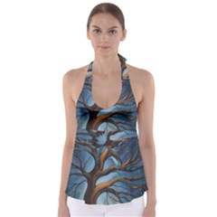 Tree Branches Mystical Moon Expressionist Oil Painting Acrylic Painting Abstract Nature Moonlight Ni Tie Back Tankini Top