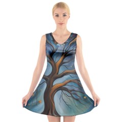 Tree Branches Mystical Moon Expressionist Oil Painting Acrylic Painting Abstract Nature Moonlight Ni V-neck Sleeveless Dress by Maspions