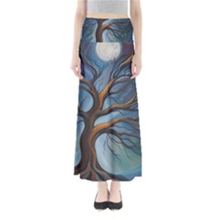 Tree Branches Mystical Moon Expressionist Oil Painting Acrylic Painting Abstract Nature Moonlight Ni Full Length Maxi Skirt by Maspions