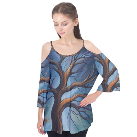 Tree Branches Mystical Moon Expressionist Oil Painting Acrylic Painting Abstract Nature Moonlight Ni Flutter Sleeve T-shirt  by Maspions