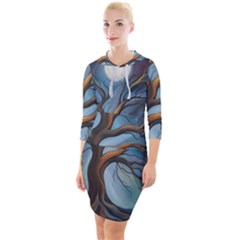 Tree Branches Mystical Moon Expressionist Oil Painting Acrylic Painting Abstract Nature Moonlight Ni Quarter Sleeve Hood Bodycon Dress by Maspions