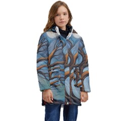 Tree Branches Mystical Moon Expressionist Oil Painting Acrylic Painting Abstract Nature Moonlight Ni Kids  Hooded Longline Puffer Jacket