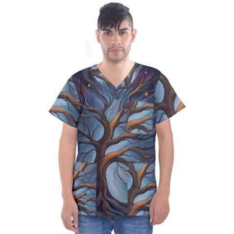 Tree Branches Mystical Moon Expressionist Oil Painting Acrylic Painting Abstract Nature Moonlight Ni Men s V-neck Scrub Top by Maspions