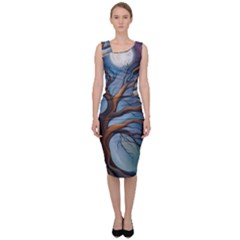 Tree Branches Mystical Moon Expressionist Oil Painting Acrylic Painting Abstract Nature Moonlight Ni Sleeveless Pencil Dress