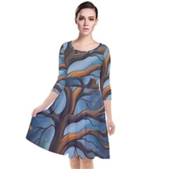 Tree Branches Mystical Moon Expressionist Oil Painting Acrylic Painting Abstract Nature Moonlight Ni Quarter Sleeve Waist Band Dress by Maspions