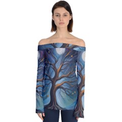 Tree Branches Mystical Moon Expressionist Oil Painting Acrylic Painting Abstract Nature Moonlight Ni Off Shoulder Long Sleeve Top by Maspions