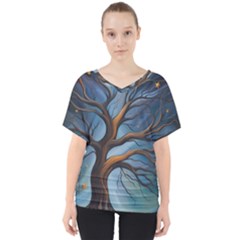 Tree Branches Mystical Moon Expressionist Oil Painting Acrylic Painting Abstract Nature Moonlight Ni V-neck Dolman Drape Top