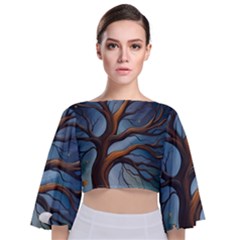 Tree Branches Mystical Moon Expressionist Oil Painting Acrylic Painting Abstract Nature Moonlight Ni Tie Back Butterfly Sleeve Chiffon Top