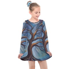 Tree Branches Mystical Moon Expressionist Oil Painting Acrylic Painting Abstract Nature Moonlight Ni Kids  Long Sleeve Dress