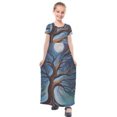 Tree Branches Mystical Moon Expressionist Oil Painting Acrylic Painting Abstract Nature Moonlight Ni Kids  Short Sleeve Maxi Dress