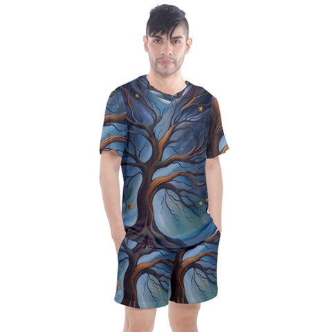 Tree Branches Mystical Moon Expressionist Oil Painting Acrylic Painting Abstract Nature Moonlight Ni Men s Mesh T-shirt And Shorts Set by Maspions