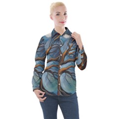 Tree Branches Mystical Moon Expressionist Oil Painting Acrylic Painting Abstract Nature Moonlight Ni Women s Long Sleeve Pocket Shirt