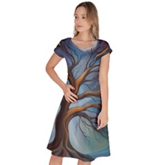 Tree Branches Mystical Moon Expressionist Oil Painting Acrylic Painting Abstract Nature Moonlight Ni Classic Short Sleeve Dress by Maspions