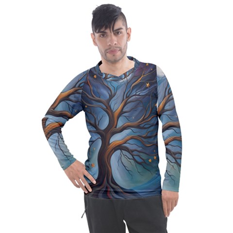 Tree Branches Mystical Moon Expressionist Oil Painting Acrylic Painting Abstract Nature Moonlight Ni Men s Pique Long Sleeve T-shirt by Maspions