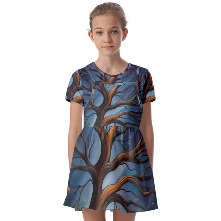 Tree Branches Mystical Moon Expressionist Oil Painting Acrylic Painting Abstract Nature Moonlight Ni Kids  Short Sleeve Pinafore Style Dress