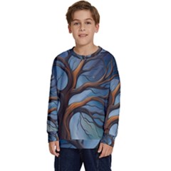 Tree Branches Mystical Moon Expressionist Oil Painting Acrylic Painting Abstract Nature Moonlight Ni Kids  Crewneck Sweatshirt by Maspions