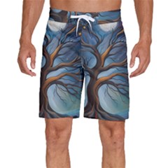 Tree Branches Mystical Moon Expressionist Oil Painting Acrylic Painting Abstract Nature Moonlight Ni Men s Beach Shorts