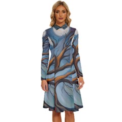 Tree Branches Mystical Moon Expressionist Oil Painting Acrylic Painting Abstract Nature Moonlight Ni Long Sleeve Shirt Collar A-line Dress by Maspions