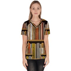 Book Nook Books Bookshelves Comfortable Cozy Literature Library Study Reading Reader Reading Nook Ro Women s V-neck Scrub Top by Maspions