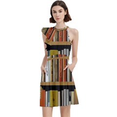 Book Nook Books Bookshelves Comfortable Cozy Literature Library Study Reading Reader Reading Nook Ro Cocktail Party Halter Sleeveless Dress With Pockets by Maspions