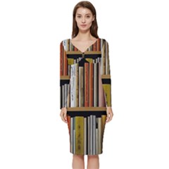 Book Nook Books Bookshelves Comfortable Cozy Literature Library Study Reading Reader Reading Nook Ro Long Sleeve V-neck Bodycon Dress 