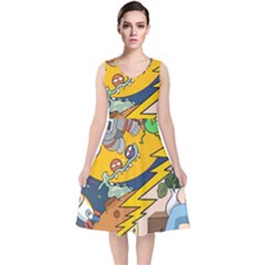 Astronaut Moon Monsters Spaceship Universe Space Cosmos V-neck Midi Sleeveless Dress 