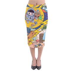 Astronaut Moon Monsters Spaceship Universe Space Cosmos Velvet Midi Pencil Skirt by Maspions