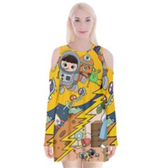 Astronaut Moon Monsters Spaceship Universe Space Cosmos Velvet Long Sleeve Shoulder Cutout Dress