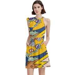 Astronaut Moon Monsters Spaceship Universe Space Cosmos Cocktail Party Halter Sleeveless Dress With Pockets