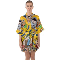 Astronaut Moon Monsters Spaceship Universe Space Cosmos Half Sleeve Satin Kimono  by Maspions