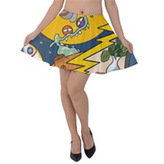 Astronaut Moon Monsters Spaceship Universe Space Cosmos Velvet Skater Skirt