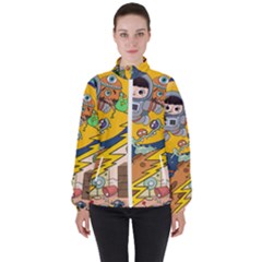 Astronaut Moon Monsters Spaceship Universe Space Cosmos Women s High Neck Windbreaker