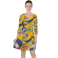 Astronaut Moon Monsters Spaceship Universe Space Cosmos Quarter Sleeve Ruffle Waist Dress