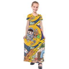 Astronaut Moon Monsters Spaceship Universe Space Cosmos Kids  Short Sleeve Maxi Dress