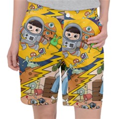 Astronaut Moon Monsters Spaceship Universe Space Cosmos Women s Pocket Shorts by Maspions