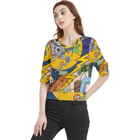 Astronaut Moon Monsters Spaceship Universe Space Cosmos Quarter Sleeve Blouse by Maspions