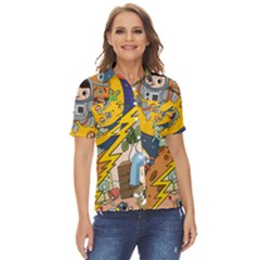 Astronaut Moon Monsters Spaceship Universe Space Cosmos Women s Short Sleeve Double Pocket Shirt