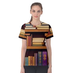 Book Nook Books Bookshelves Comfortable Cozy Literature Library Study Reading Room Fiction Entertain Women s Cotton T-shirt