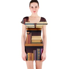 Book Nook Books Bookshelves Comfortable Cozy Literature Library Study Reading Room Fiction Entertain Short Sleeve Bodycon Dress