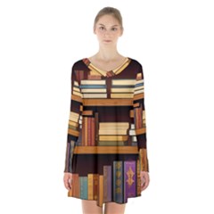 Book Nook Books Bookshelves Comfortable Cozy Literature Library Study Reading Room Fiction Entertain Long Sleeve Velvet V-neck Dress